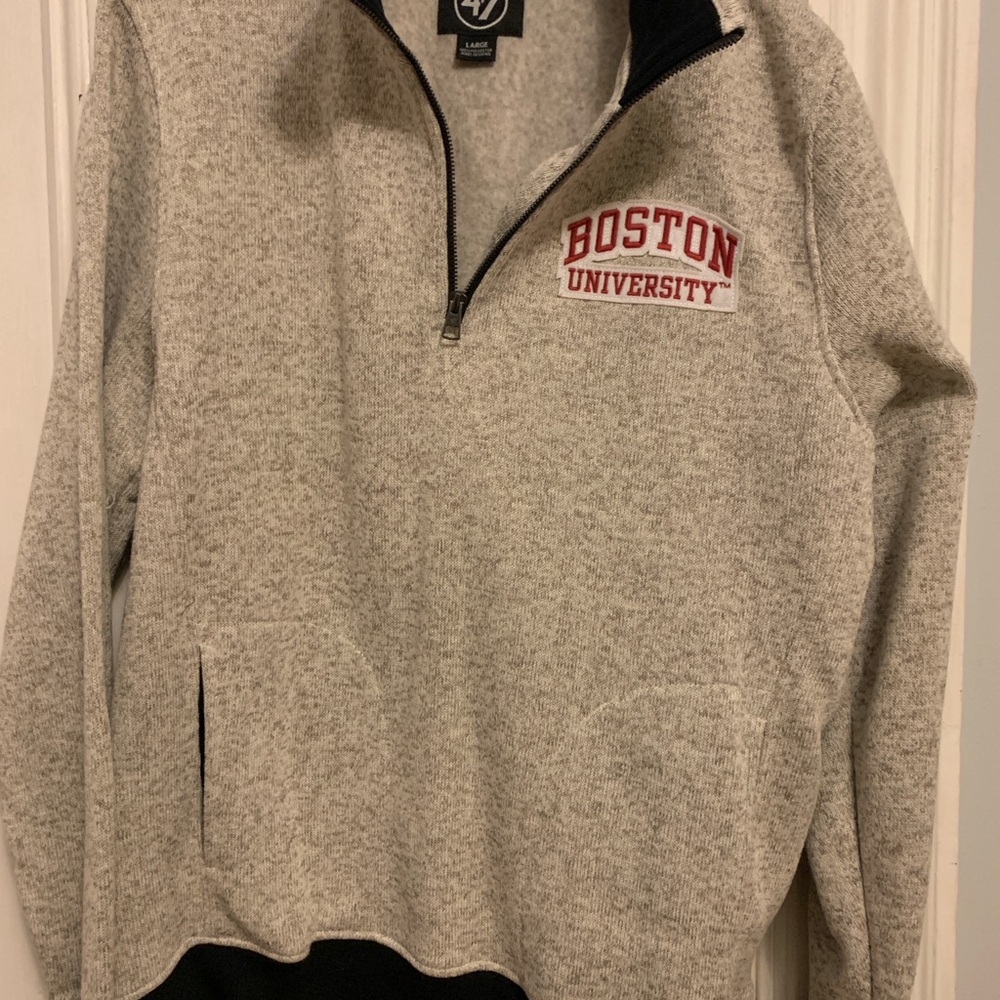 47 Brand Boston University Half-Zip Sweater — Light Gray with Red Logo